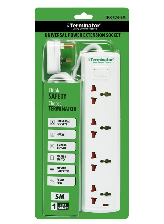 Terminator 4 Way Universal Power Extension Socket With Master Switch, Indicator and 5M Cable 
