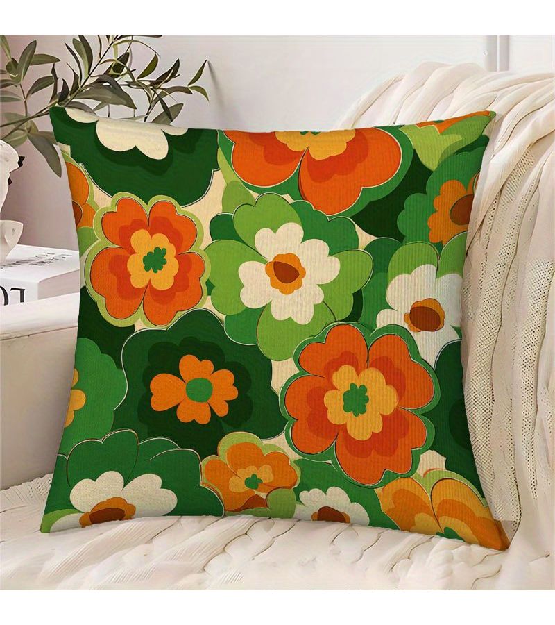 Vintage Flowers Retro Groovy Design Polyester Short Plush Cushion 18x18 Inch - Image 1