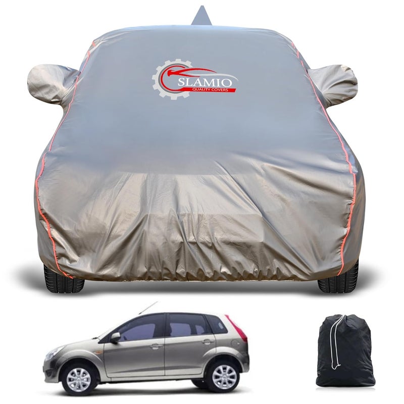 Slamio Heavy-Duty Car Body Cover for Ford Figo (2010-2014) | Waterproof, Dustproof, UV Protection, Custom Fit, Heavy Belt & Buckle with Mirror & Antenna Pocket | Dark Grey - Image 1