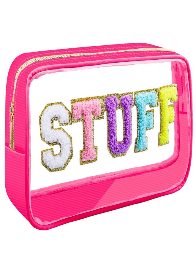 Moncinday Preppy Patch STUFF Makeup Bag Chenille Letter Cosmetic Bag for Women, Transparent PVC Zipper Patch Bags Organizer Waterproof Portable Travel Makeup Bag for Women Girls Teens (Pink) - Image 1