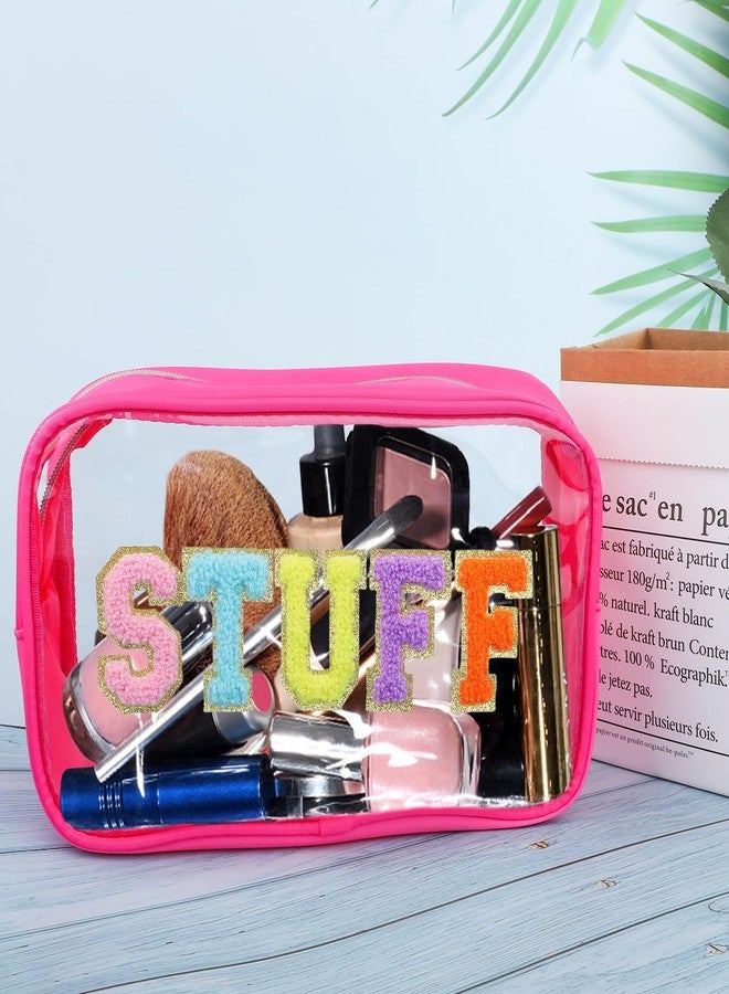 Moncinday Preppy Patch STUFF Makeup Bag Chenille Letter Cosmetic Bag for Women, Transparent PVC Zipper Patch Bags Organizer Waterproof Portable Travel Makeup Bag for Women Girls Teens (Pink) - Image 3