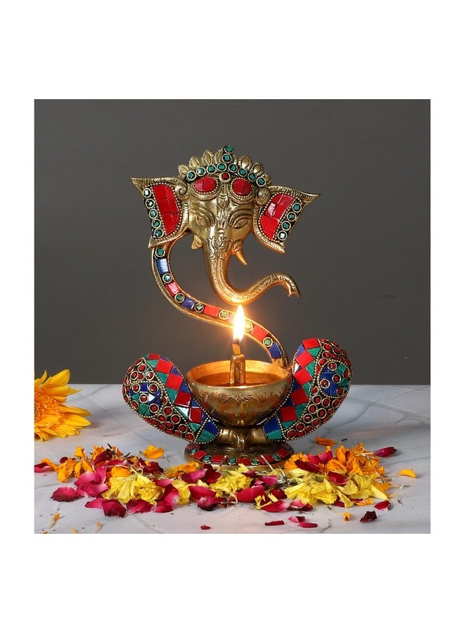 Two Moustaches Gemstone Work Brass 8 Inches Blessing Ganesha With Diya on Lap, Brass Oil Lamp for Home/Temple, Decoration, Standard, Pack of 1 - Image 4