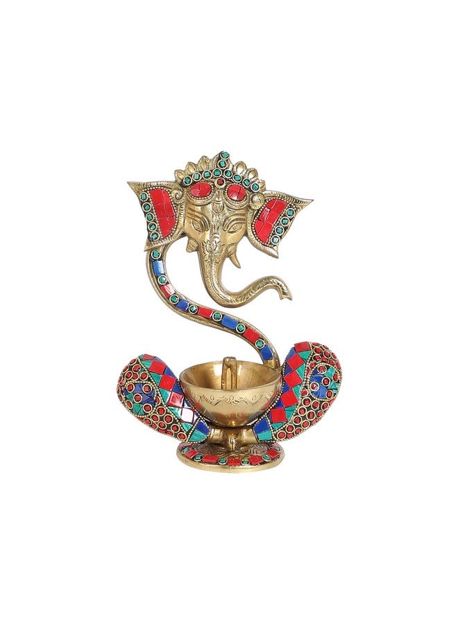 Two Moustaches Gemstone Work Brass 8 Inches Blessing Ganesha With Diya on Lap, Brass Oil Lamp for Home/Temple, Decoration, Standard, Pack of 1 - Image 1