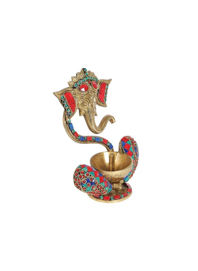 Two Moustaches Gemstone Work Brass 8 Inches Blessing Ganesha With Diya on Lap, Brass Oil Lamp for Home/Temple, Decoration, Standard, Pack of 1 - Image 3