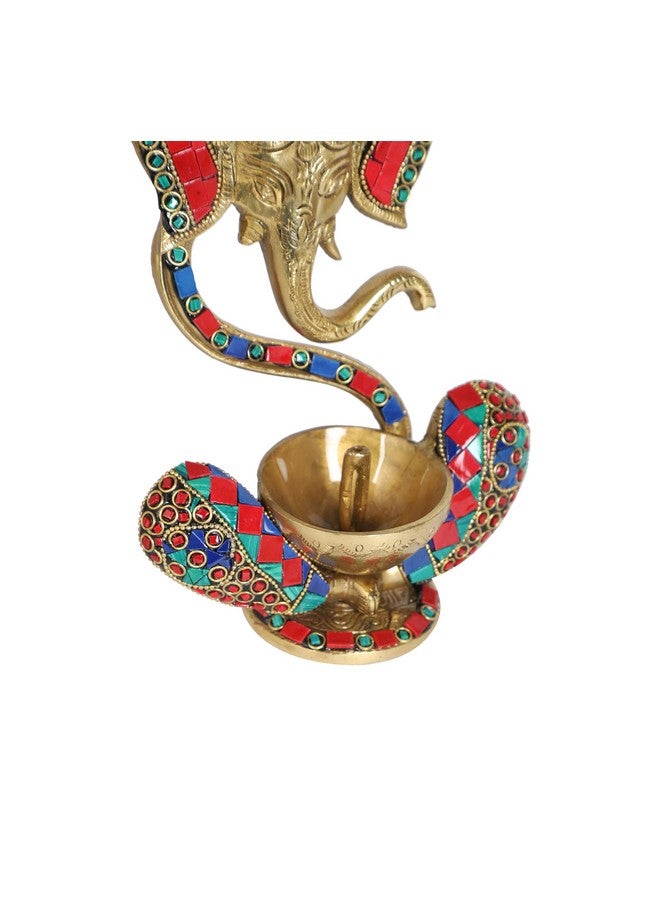 Two Moustaches Gemstone Work Brass 8 Inches Blessing Ganesha With Diya on Lap, Brass Oil Lamp for Home/Temple, Decoration, Standard, Pack of 1 - Image 5