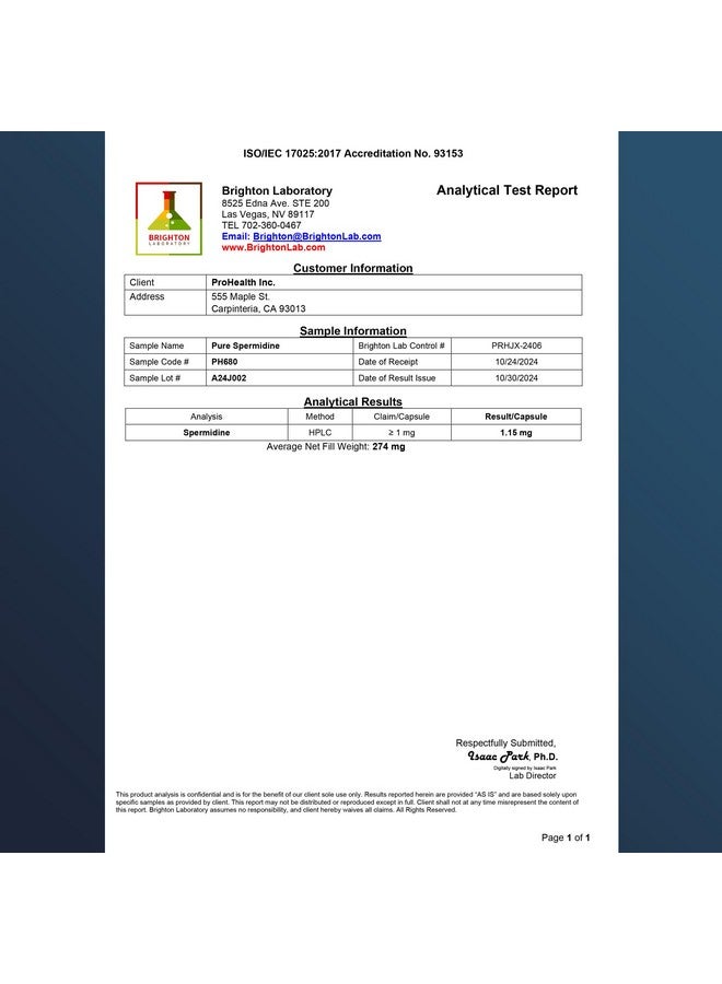 ProHealth بروهيلث سبيرميدين النقي | مختبر ثلاثي الاختبار | 1 ملغ، 180 كبسولة - Image 3
