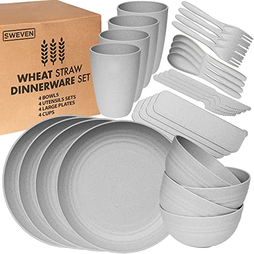 Wheat Straw Dinnerware Sets  Unbreakable Dinnerware Sets  Dishwasher Microwave Safe Dinnerware  Eco Friendly Non Breakable Dinnerware Sets  RV Outdoor Camping Grey Service for 4 28 pcs