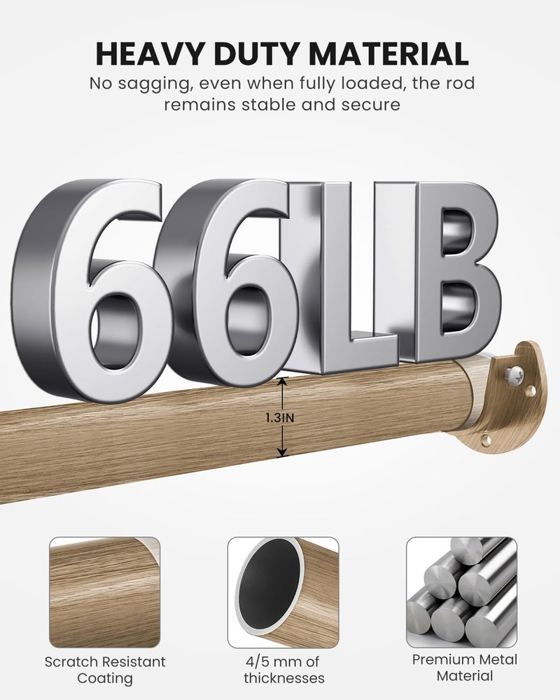 Supforce Closet Rods for Hanging Clothes, 17 to 54 Inches Stepless Adjustable Metal Closet Rod, 1.3 Inches Heavy Duty Clothes Hanging Rod for Closet Wardrobes Laundry RV(Wood Grain) - Image 4