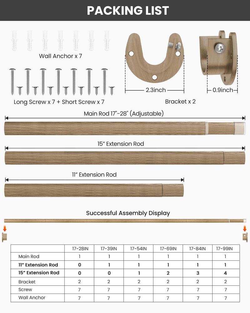 Supforce Closet Rods for Hanging Clothes, 17 to 54 Inches Stepless Adjustable Metal Closet Rod, 1.3 Inches Heavy Duty Clothes Hanging Rod for Closet Wardrobes Laundry RV(Wood Grain) - Image 5