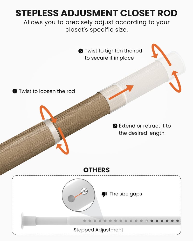 Supforce Closet Rods for Hanging Clothes, 17 to 54 Inches Stepless Adjustable Metal Closet Rod, 1.3 Inches Heavy Duty Clothes Hanging Rod for Closet Wardrobes Laundry RV(Wood Grain) - Image 3
