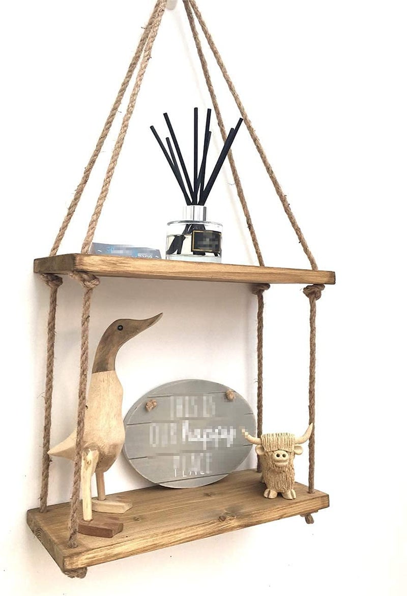SHREE HANS CREATION |Real Pine Wood Floating Shelves, Hanging Swing Rope Shelves, Rustic Wall Decor Swing Shelf, Wall Shelves for Living Room/Home/Office Decor (2 Tier, 12 x 5 Inch) - Image 5