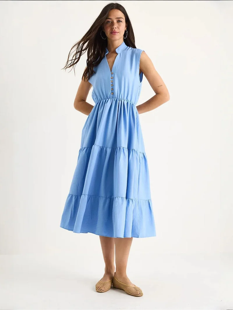 Bianco Lucci LUCCI Textured Striped Midi Dress with V-Neck and Ruffle Detail