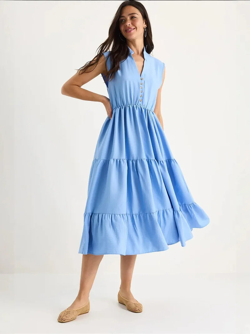 Bianco Lucci LUCCI Textured Striped Midi Dress with V-Neck and Ruffle Detail