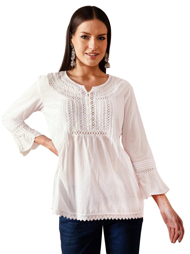 Ada Women's Handcrafted Lucknowi Chikankari Regular Wear Cotton Short Top A371889 White (3XL) - Image 1