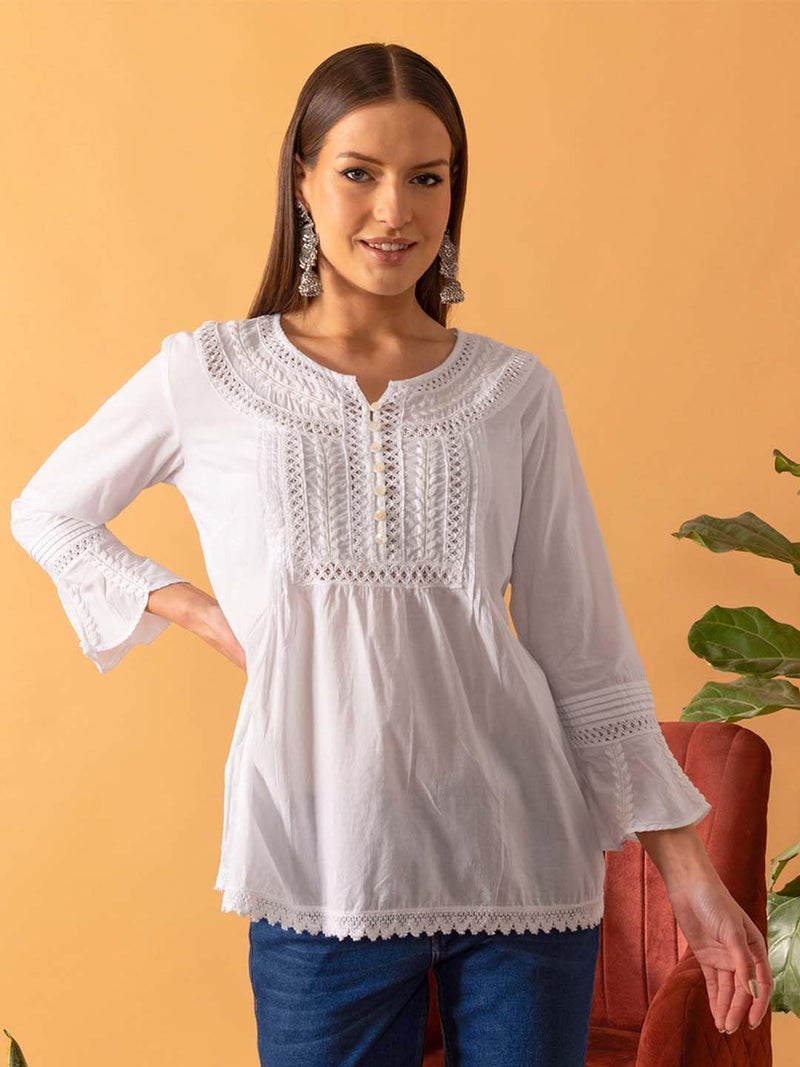 Ada Women's Handcrafted Lucknowi Chikankari Regular Wear Cotton Short Top A371889 White (3XL) - Image 5