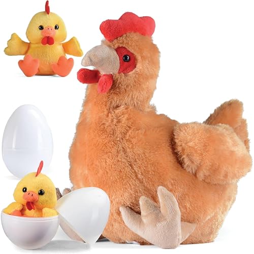 PREXTEX Hen Toy with Two Plastic Easter Eggs and Cute Baby Chicks Inside Big Mommy Hen Plush with Chicks Zippered in Eggs Adorable Chicken Plushies for Kids 35 Years Old - Image 1