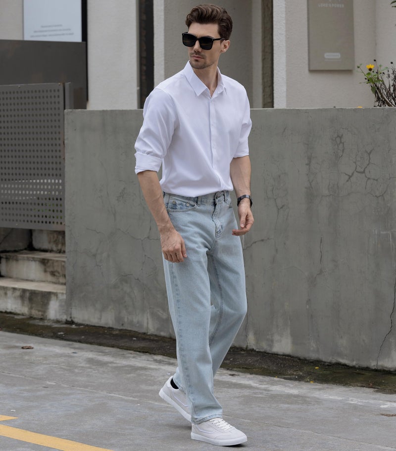 Beninos Men's Dress Shirts Solid Long Sleeve Texture Formal Shirt Business Casual Button Down Shirts (C455 White, S) - Image 5