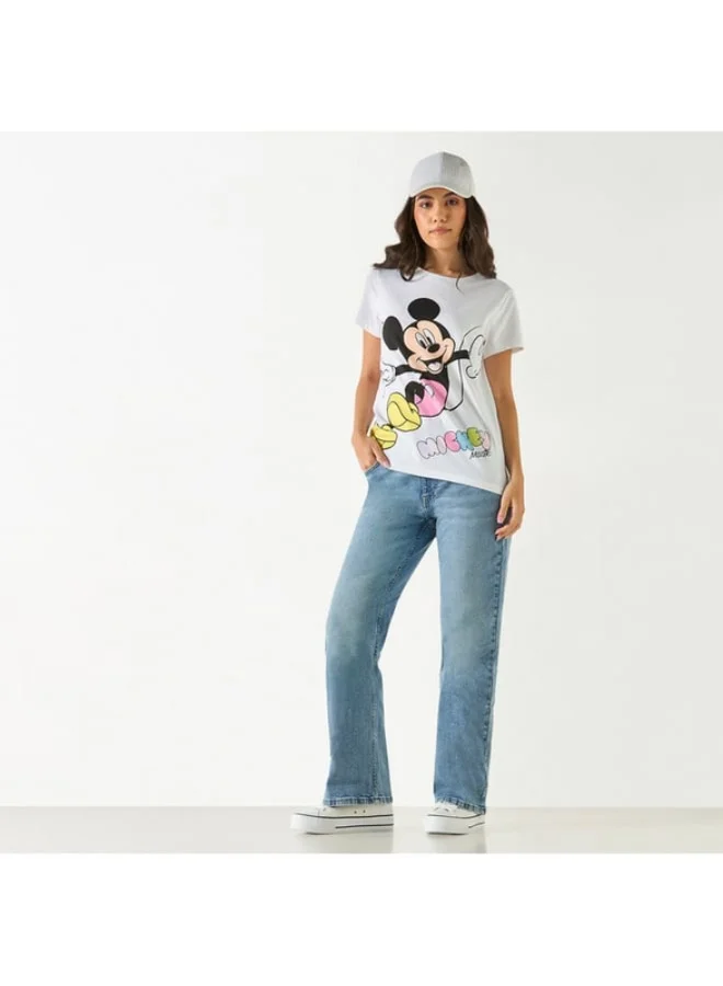 SP Characters Mickey Mouse Print Crew Neck T-shirt with Short Sleeves