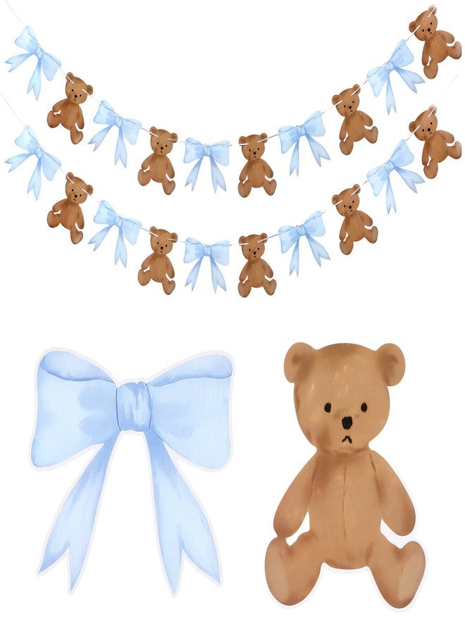 Tinlade 2 Pcs Blue Bow with Bear Baby Shower Banner 6.56 ft Paper We Can Bearly Wait Bear Baby Shower Decorations for Farm Animal Birthday Gender Reveal Party Supplies - Image 1