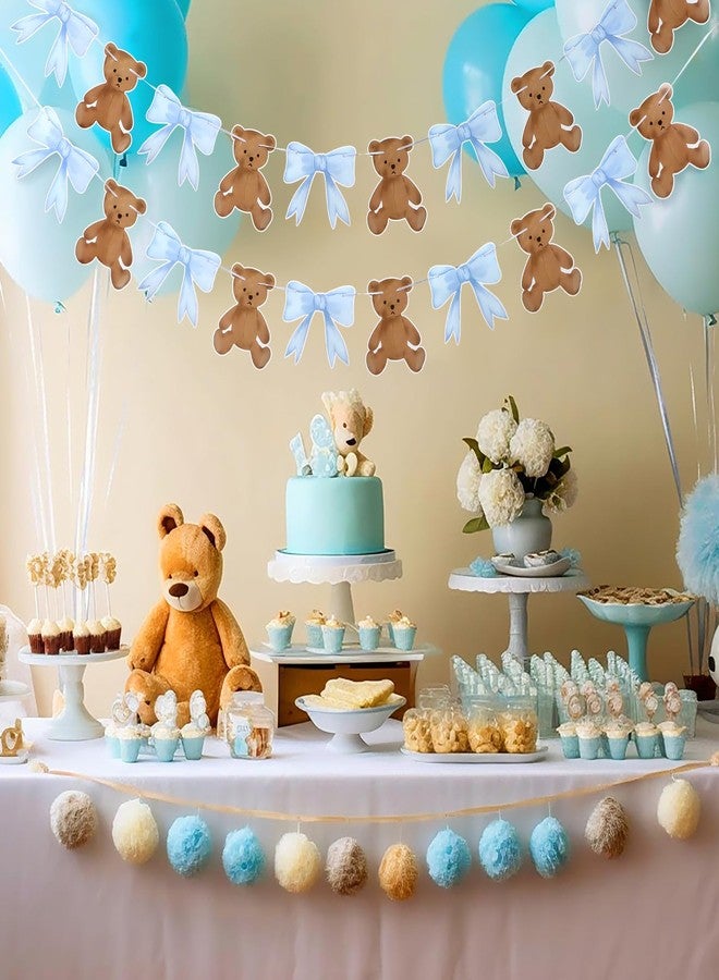 Tinlade 2 Pcs Blue Bow with Bear Baby Shower Banner 6.56 ft Paper We Can Bearly Wait Bear Baby Shower Decorations for Farm Animal Birthday Gender Reveal Party Supplies - Image 3