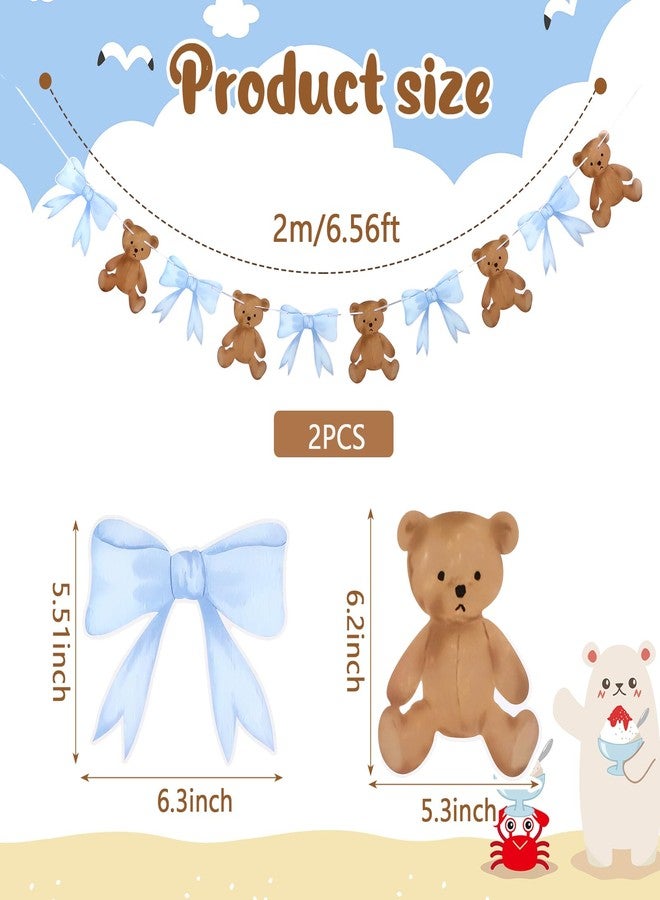 Tinlade 2 Pcs Blue Bow with Bear Baby Shower Banner 6.56 ft Paper We Can Bearly Wait Bear Baby Shower Decorations for Farm Animal Birthday Gender Reveal Party Supplies - Image 2