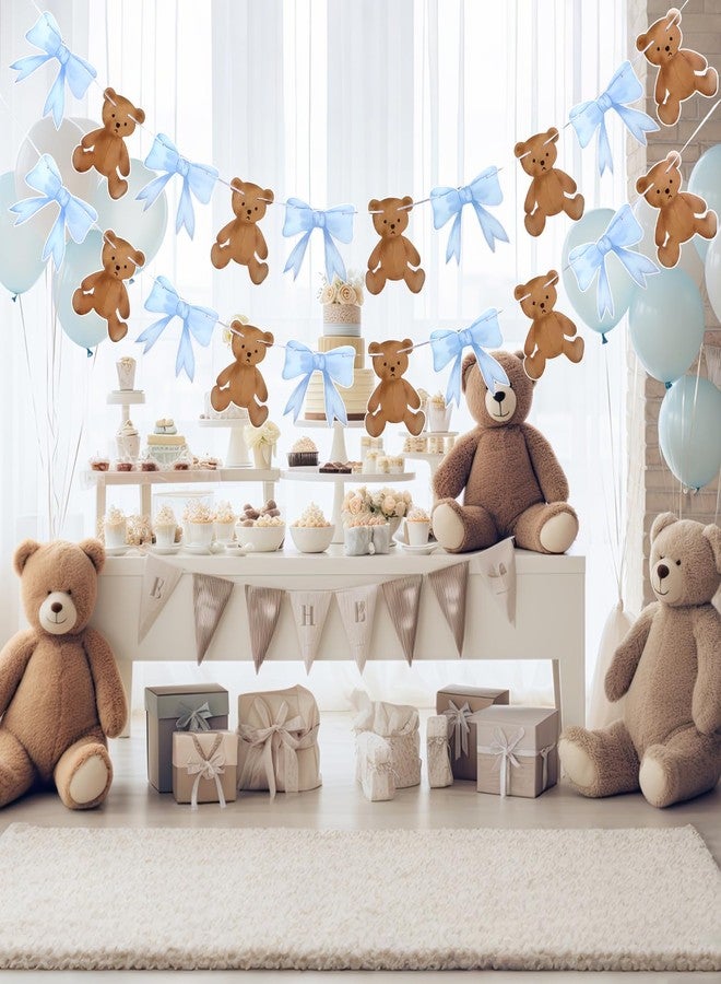 Tinlade 2 Pcs Blue Bow with Bear Baby Shower Banner 6.56 ft Paper We Can Bearly Wait Bear Baby Shower Decorations for Farm Animal Birthday Gender Reveal Party Supplies - Image 5