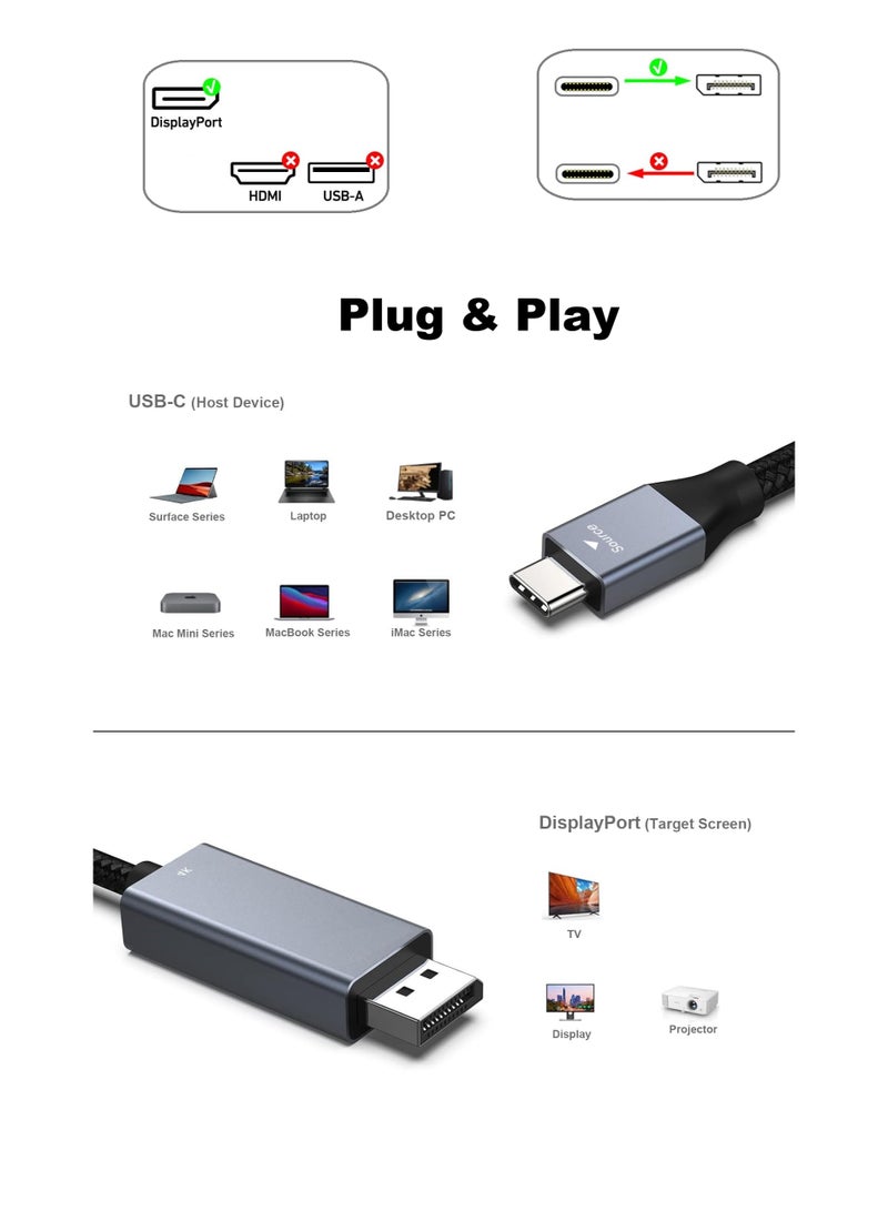 Type-C to DisplayPort Cable 8K@60Hz Ultra HD Video Output Cord – Compatible with Laptops, Tablets  Monitors - Image 3
