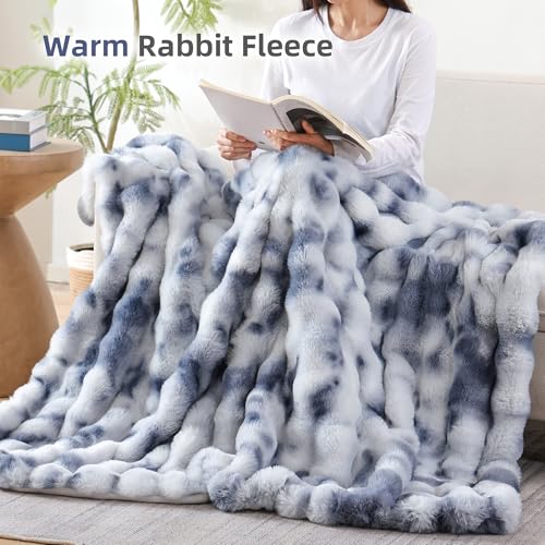 Smoofy Faux Fur Throw Blanket for Couch Rabbit Fleece - Tie-dye Blue Fluffy Blanket for Sofa Bedroom Living Room, Cozy Soft Plush Luxury Thick Winter Fuzzy Comfy Bubble Blanket - 50" x 60" - Image 5