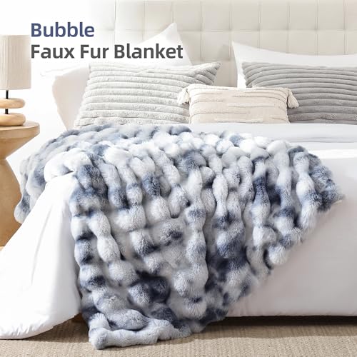 Smoofy Faux Fur Throw Blanket for Couch Rabbit Fleece - Tie-dye Blue Fluffy Blanket for Sofa Bedroom Living Room, Cozy Soft Plush Luxury Thick Winter Fuzzy Comfy Bubble Blanket - 50" x 60" - Image 2