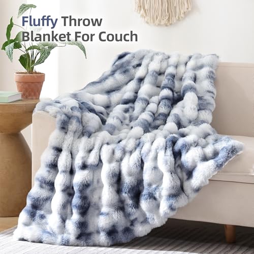 Smoofy Faux Fur Throw Blanket for Couch Rabbit Fleece - Tie-dye Blue Fluffy Blanket for Sofa Bedroom Living Room, Cozy Soft Plush Luxury Thick Winter Fuzzy Comfy Bubble Blanket - 50" x 60" - Image 3