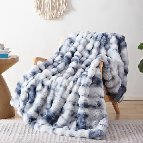 Smoofy Faux Fur Throw Blanket for Couch Rabbit Fleece - Tie-dye Blue Fluffy Blanket for Sofa Bedroom Living Room, Cozy Soft Plush Luxury Thick Winter Fuzzy Comfy Bubble Blanket - 50" x 60" - Image 1