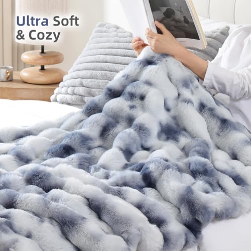 Smoofy Faux Fur Throw Blanket for Couch Rabbit Fleece - Tie-dye Blue Fluffy Blanket for Sofa Bedroom Living Room, Cozy Soft Plush Luxury Thick Winter Fuzzy Comfy Bubble Blanket - 50" x 60" - Image 4