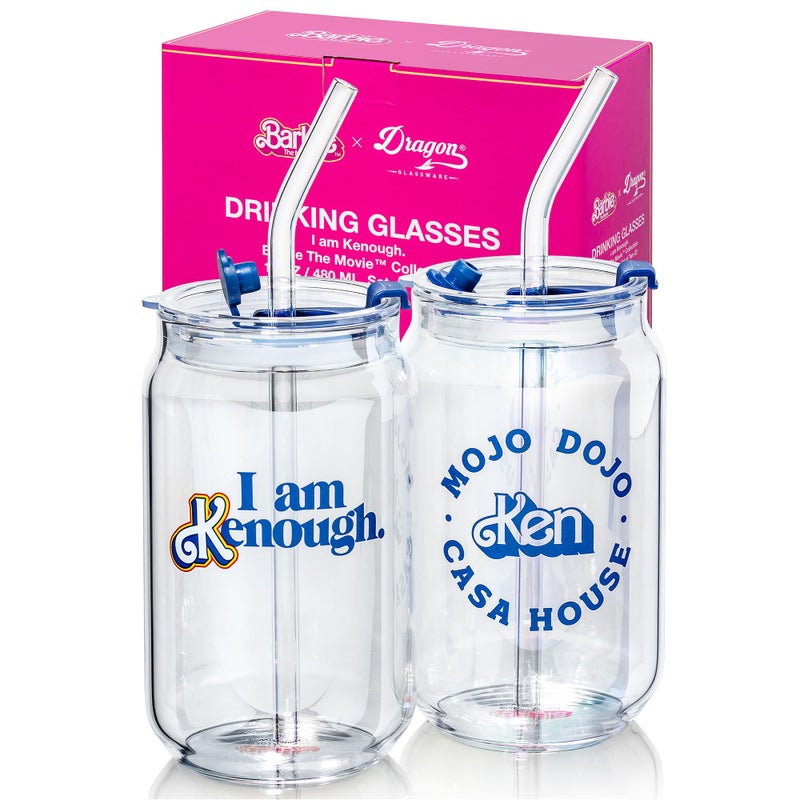 Dragon Glassware x Barbie The Movie 16 oz Glass Cups with Lids and Straws Set of 2 Iced Coffee Cups with Lids Versatile Glass Tumbler with Straw and Lid Im Just Ken