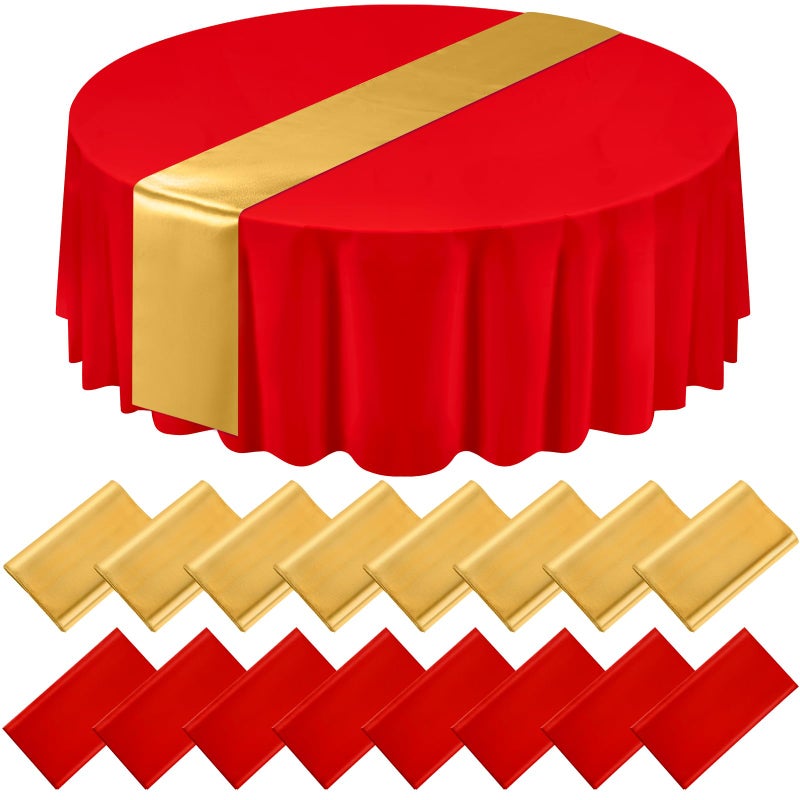 Tudomro 16 Pcs Red and Gold Round Plastic Tablecloth and Satin Table Runner Set 84 Inch Round Covers 12 x 108 Inch Table Runners for Christmas Wedding Birthday Party Baby Shower - Image 1