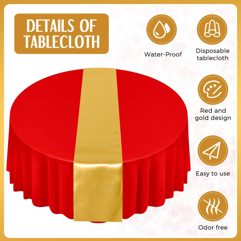 Tudomro 16 Pcs Red and Gold Round Plastic Tablecloth and Satin Table Runner Set 84 Inch Round Covers 12 x 108 Inch Table Runners for Christmas Wedding Birthday Party Baby Shower - Image 3