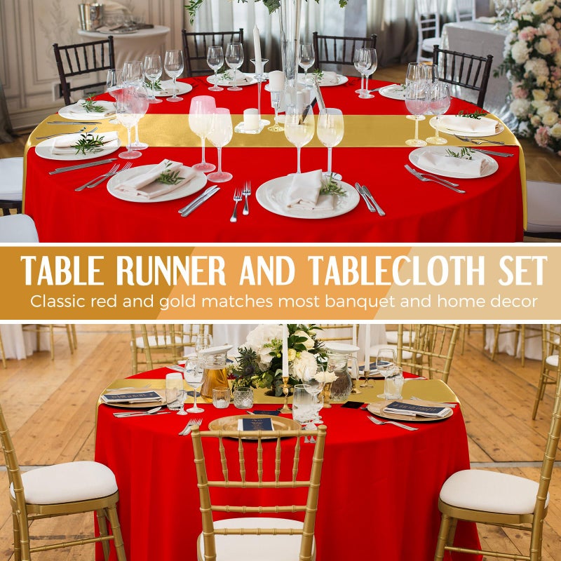 Tudomro 16 Pcs Red and Gold Round Plastic Tablecloth and Satin Table Runner Set 84 Inch Round Covers 12 x 108 Inch Table Runners for Christmas Wedding Birthday Party Baby Shower - Image 5