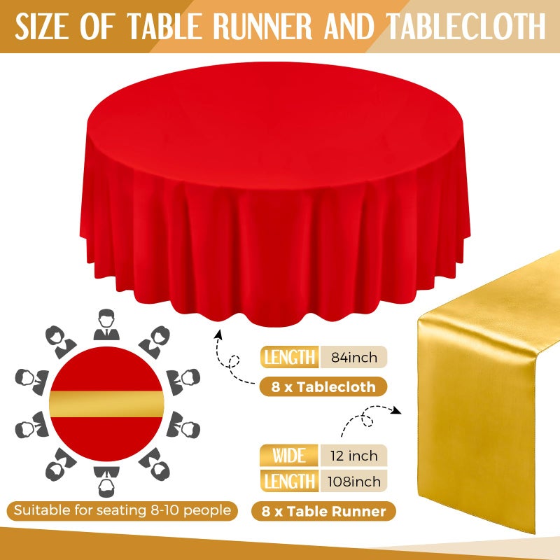 Tudomro 16 Pcs Red and Gold Round Plastic Tablecloth and Satin Table Runner Set 84 Inch Round Covers 12 x 108 Inch Table Runners for Christmas Wedding Birthday Party Baby Shower - Image 2