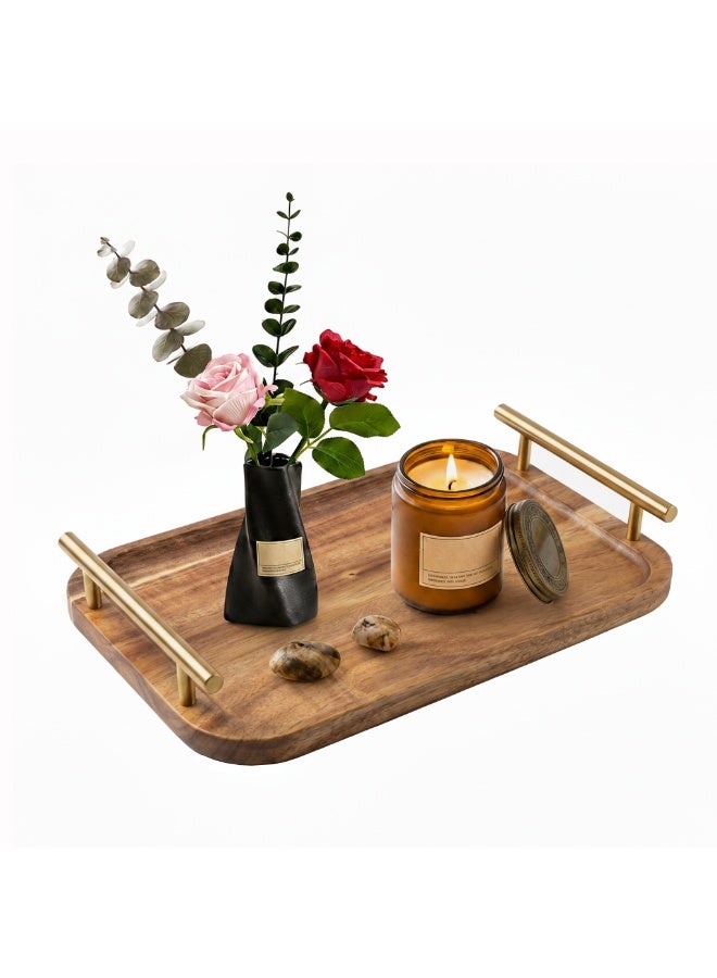 Bathroom Tray for Countertop Organizer,Vanity Tray with Gold Handle, Acacia Wood Tray for Bathroom Decor,Toilet Tank Tray, Multipurpose Organizer Rack for Lavatory, Bathroom, and Kitchen 11.8"x7.8" - Image 1