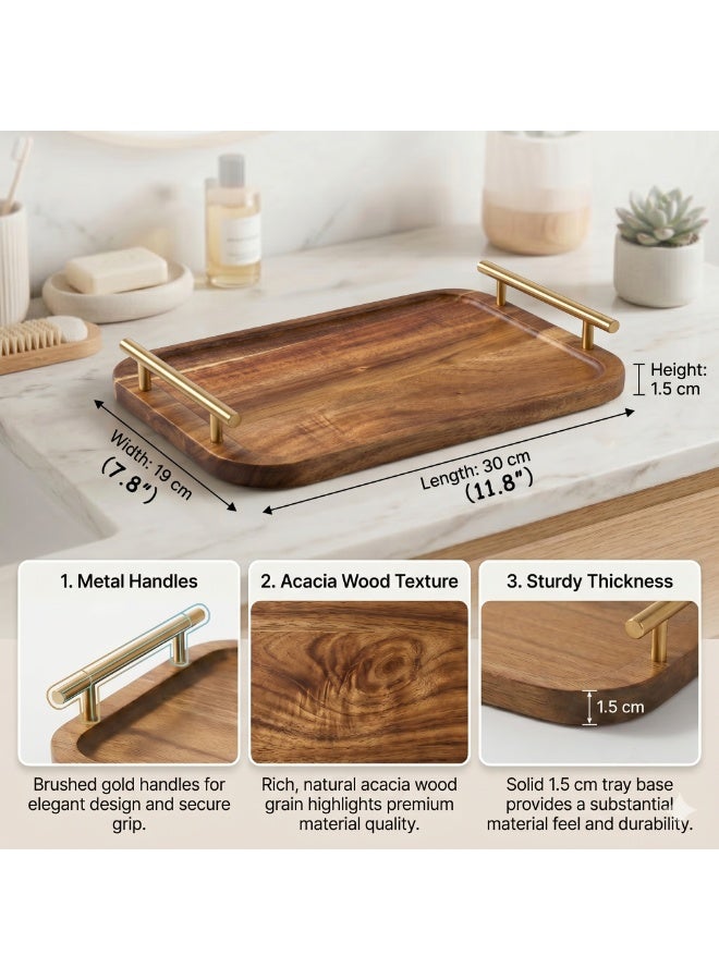 Bathroom Tray for Countertop Organizer,Vanity Tray with Gold Handle, Acacia Wood Tray for Bathroom Decor,Toilet Tank Tray, Multipurpose Organizer Rack for Lavatory, Bathroom, and Kitchen 11.8"x7.8" - Image 3