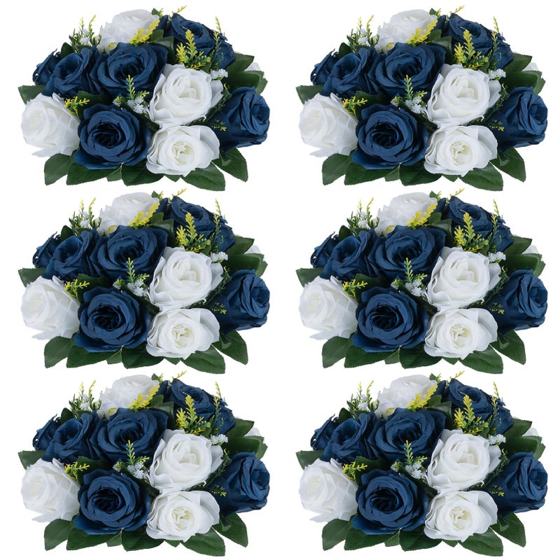 NUPTIO Artificial Flower Centrepieces for Tables - 6 Pcs Navy Blue & White Fake Flowers Roses Balls 9.5in Diameter - Silk Faux Rose Arrangement for Wedding Party Centerpiece Table Decorations - Image 1