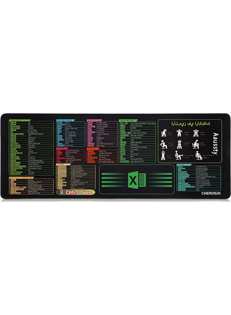CHEROSIN Large Mouse Pad (Arabic) XL Office Shortcut Mouse Pad Extended Computer Keyboard Pad/Desk Mat with Stitched Edges for Excel (800x300x3mm) - Image 1