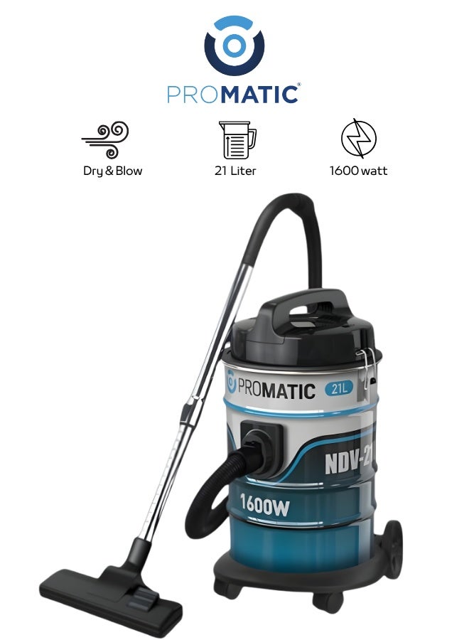 بروماتيك مكنسة بروماتيك برميل 1600 واط سعة 21 لتر موديل NDV-21L — قوة شفط عالية، استخدام منزلي ومكتبي، فلتر فعال، أداء قوي لتنظيف الأتربة - Image 1