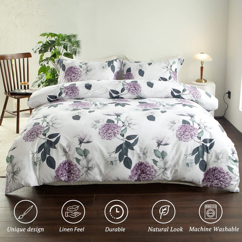 MILDLY 100% Washed Cotton Duvet Cover - Hydrangea Floral Comforter Cover Set Botanical Flower Pattern Bedding Set with Zipper Closure - Image 2