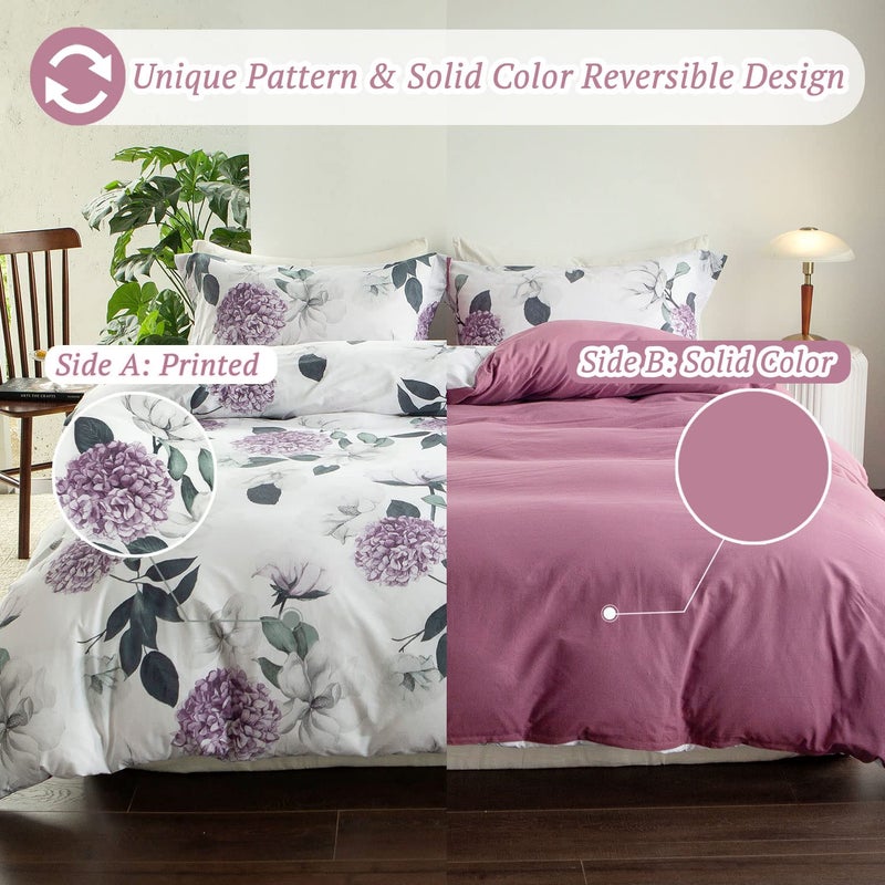 MILDLY 100% Washed Cotton Duvet Cover - Hydrangea Floral Comforter Cover Set Botanical Flower Pattern Bedding Set with Zipper Closure - Image 3