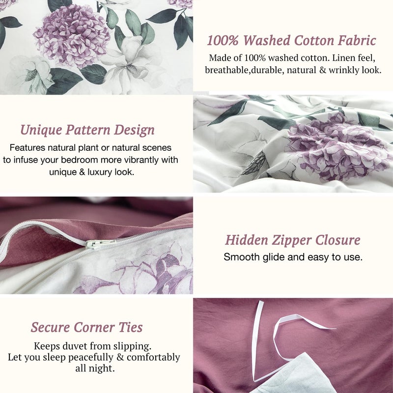 MILDLY 100% Washed Cotton Duvet Cover - Hydrangea Floral Comforter Cover Set Botanical Flower Pattern Bedding Set with Zipper Closure - Image 4