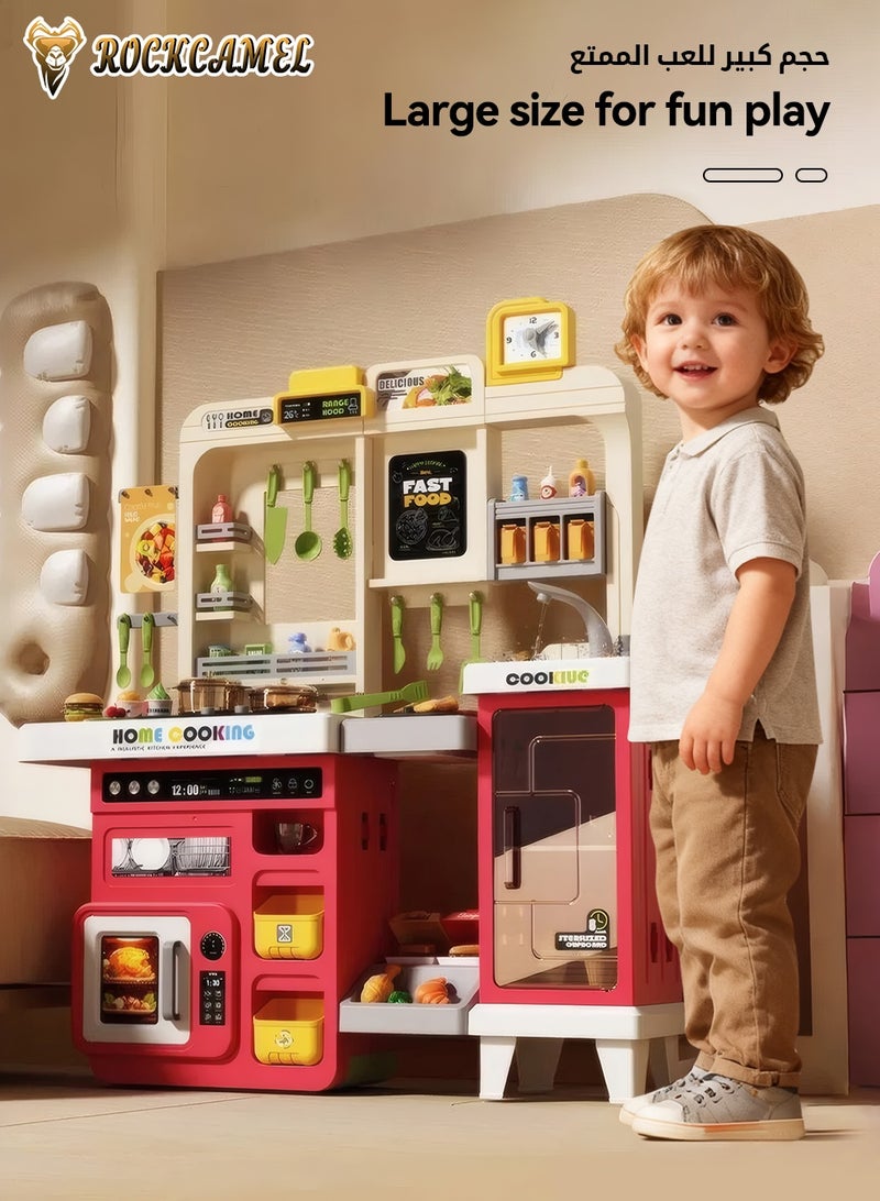 ROCKCAMEL Kids Kitchen Toys Play Set, 75 Pcs Accessories with Realistic Spray, Running Water & Sound Effects, Kitchen Color Changing Play Food Accessories, Educational Gift for Girls & Boys Age 3+, 82CM Height, Red - Image 2