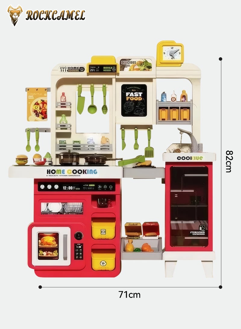 ROCKCAMEL Kids Kitchen Toys Play Set, 75 Pcs Accessories with Realistic Spray, Running Water & Sound Effects, Kitchen Color Changing Play Food Accessories, Educational Gift for Girls & Boys Age 3+, 82CM Height, Red - Image 4