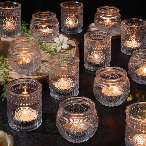 Devi 30 Pcs Assorted Clear Votive Candle Holders, Wedding Centerpieces Table Decorations, Glass Tea Lights Candle Holder for Party Decorations, Vintage Boho Candle Holders Bulk for Wedding Receptions - Image 1