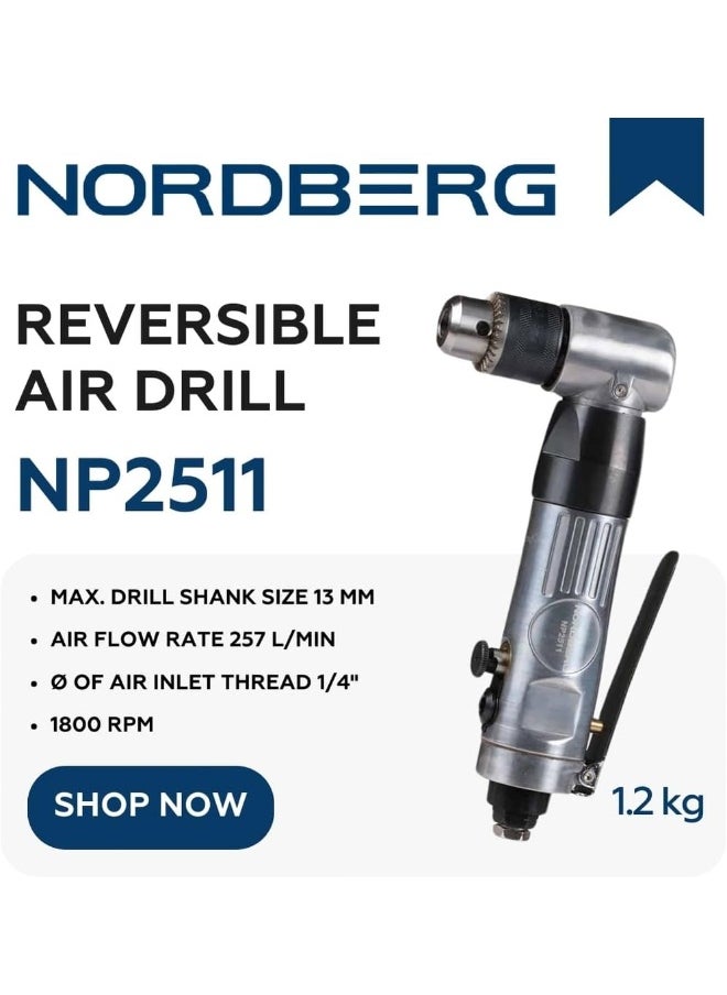 NORDBERG Reversible Air Angle Drill  Np2511 Heavy Duty With 3/8" (10 Mm) Keyless Chuck, One-Hand Forward  Reverse Controls  - Image 1
