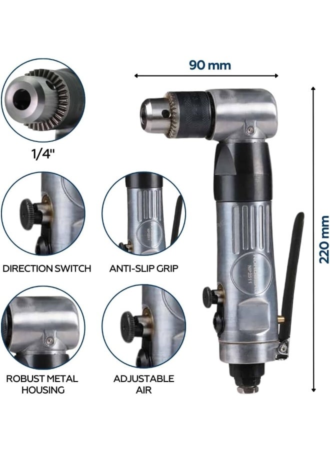 NORDBERG Reversible Air Angle Drill  Np2511 Heavy Duty With 3/8" (10 Mm) Keyless Chuck, One-Hand Forward  Reverse Controls  - Image 5